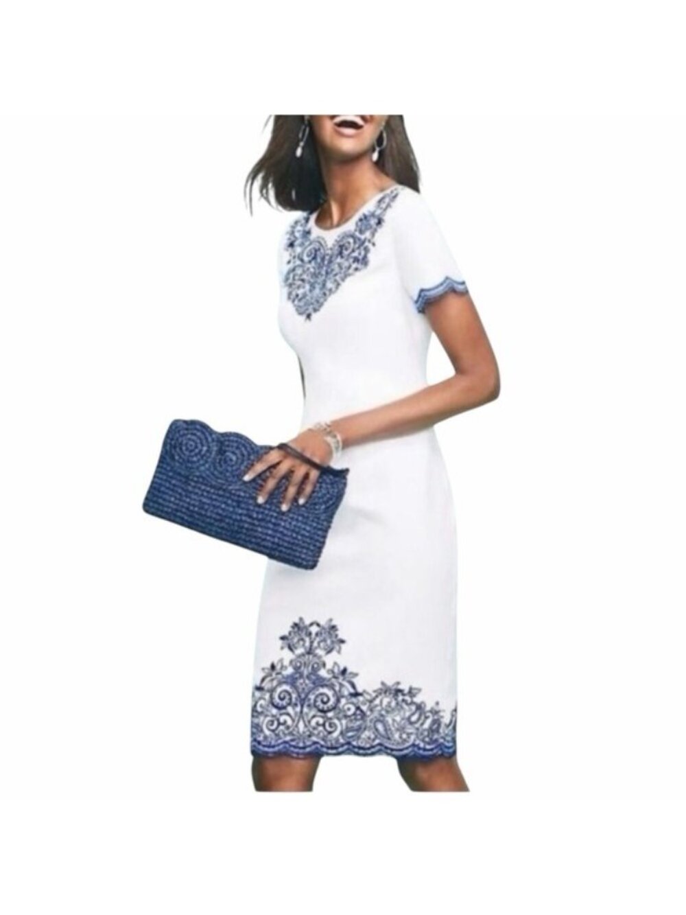 Talbot's Petites Women'S White Linen W/ Royal Blue EmbroideryDress Size